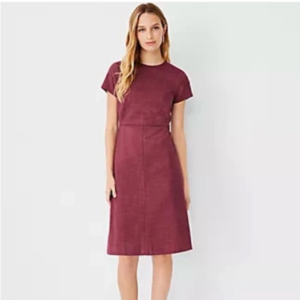 ANN TAYLOR Flare Dress In Cross Weave In Plum Rose